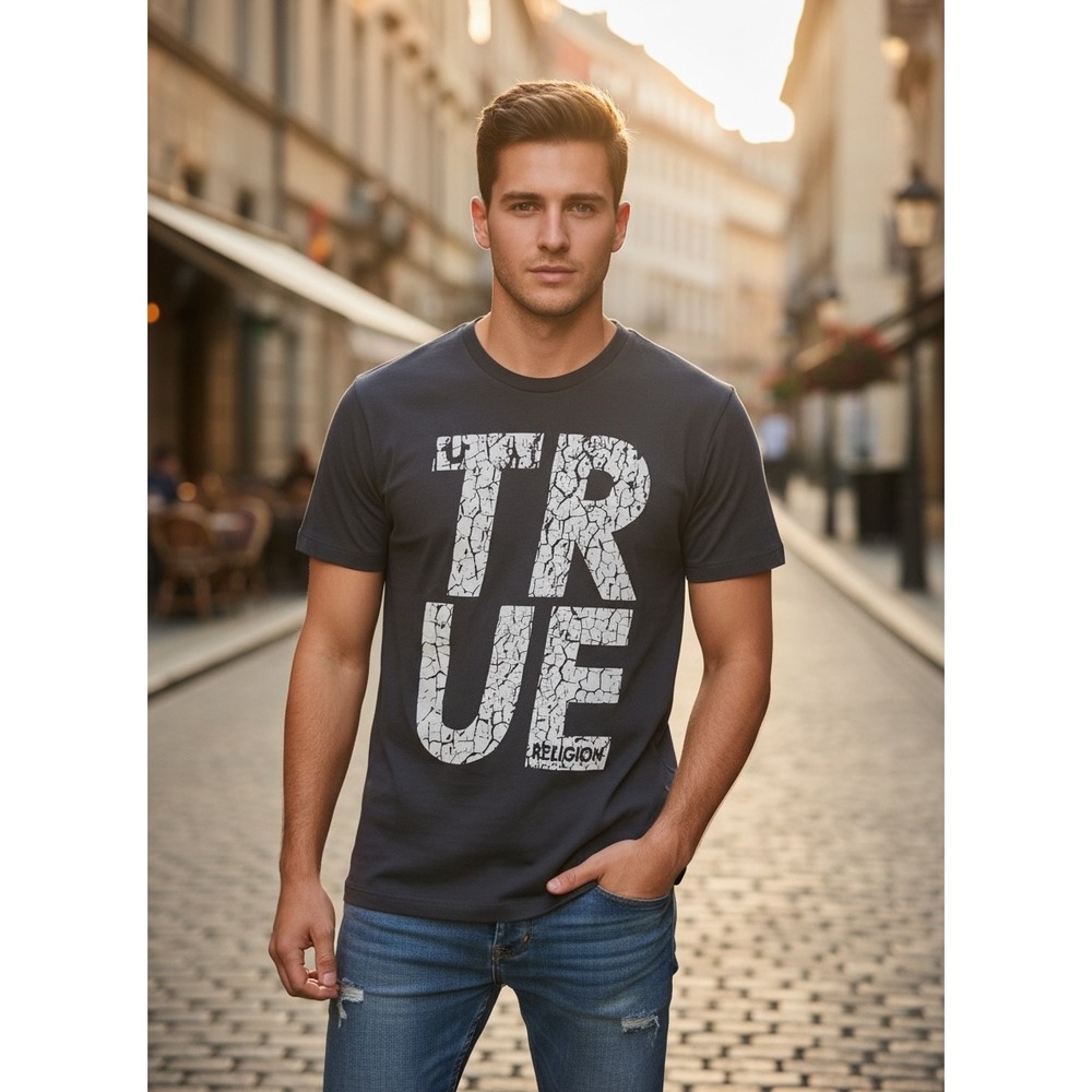 True Religion Mens Black Cracked TRUE Graphic V-Neck T-Shirt XXL New NWT
